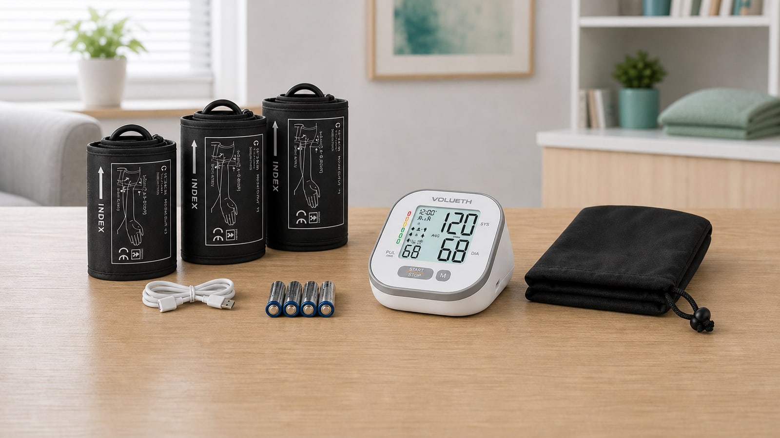 Volueth blood pressure monitor kit with cuffs, cable, batteries, and soft drawstring storage bag